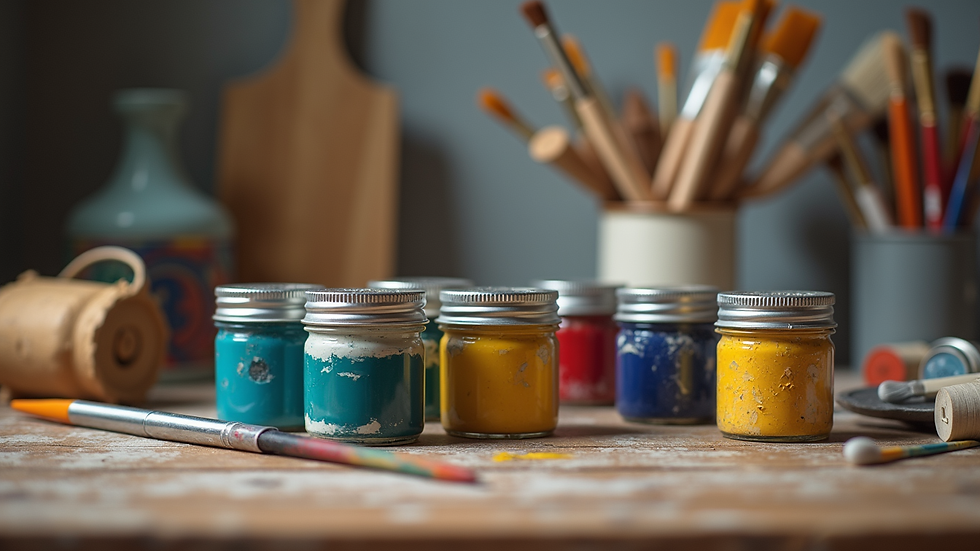 Close-up view of paint cans and brushes arranged on a wooden table