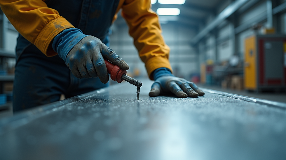 Eye-level view of industrial worker preparing metal surface for painting