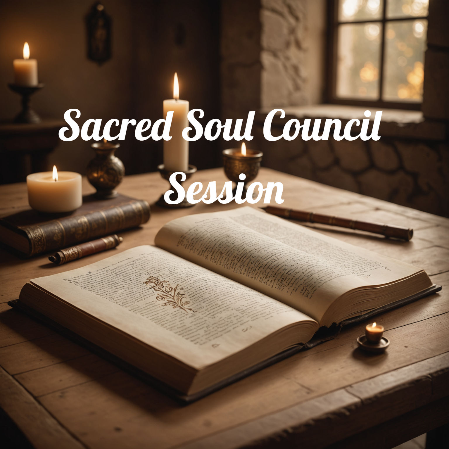 A rustic wooden table set against the Boise foothills at sunset, featuring a lit white candle, two feathers tied together, a clear quartz crystal, and an open leather-bound journal, with golden grasses and rolling hills in the background.
