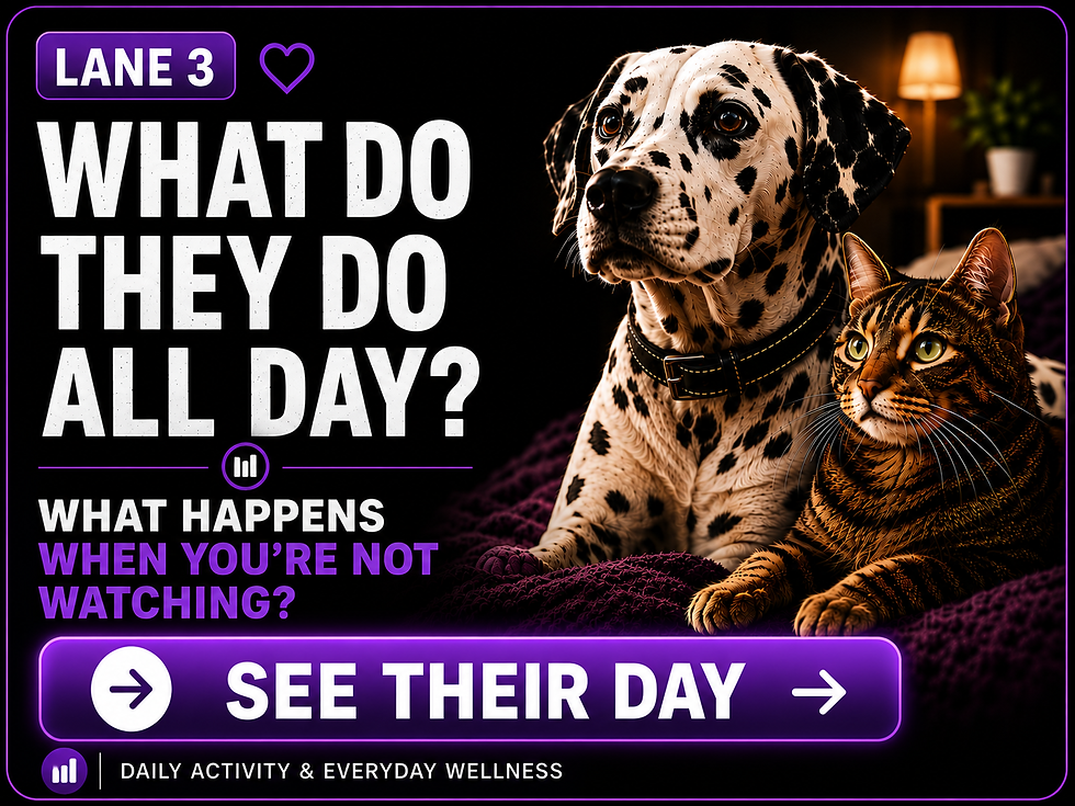 Lane 3: Daily Activity and Everyday Wellness graphic showing a Dalmatian and tabby cat resting together on a pet bed beside a sunny window. The image highlights tracking daily movement and exercise, sleep and rest patterns, changes in everyday wellness, and GPS location awareness to help pet parents stay connected to their dog’s or cat’s daily world.