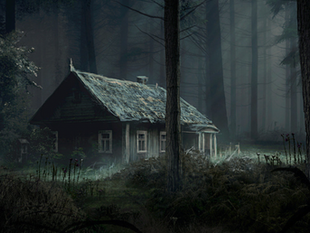 A spooky wood cabin in a dark forest