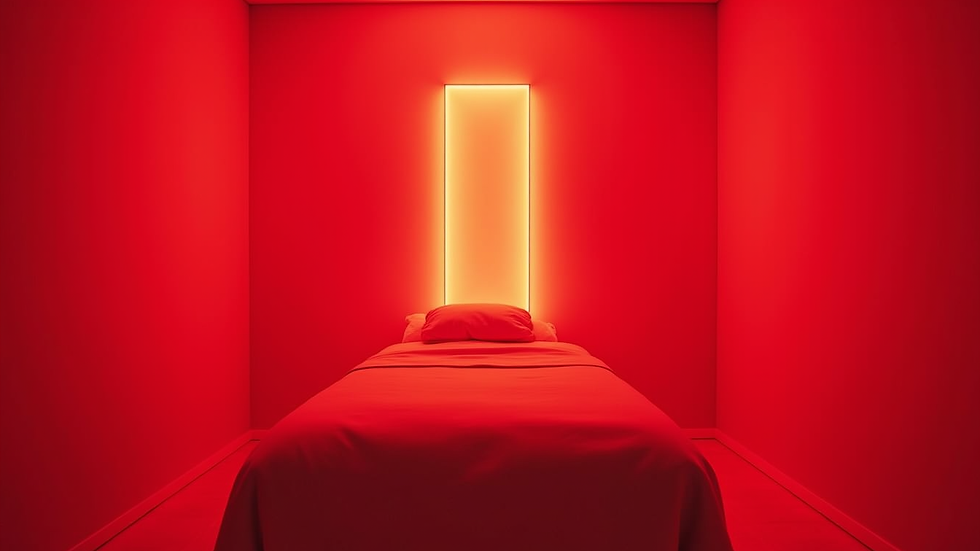 Eye-level view of a red light therapy treatment room with a therapy bed