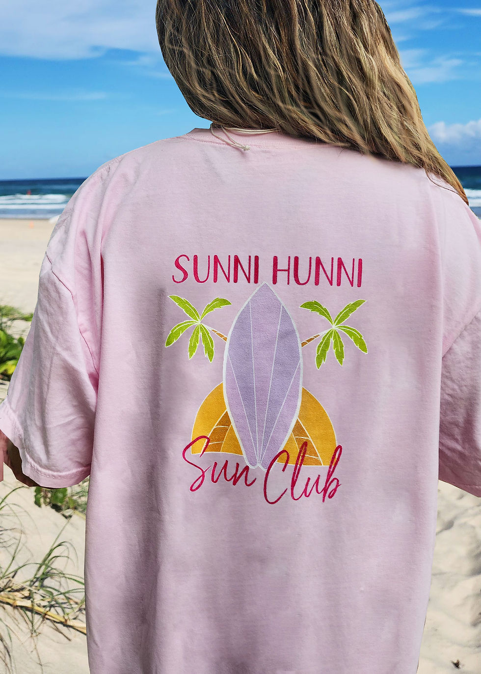 Thumbnail: Sunni hunni tee,  tshirt, oversized ts, beach club tee, surf tee, college tee, college tshirt, girls t shirt, women t shirt,