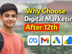 Young person in red shirt smiling. Text: "Why Choose Digital Marketing After 12th" with logos of meta, g-mail, google ads, google search console.
