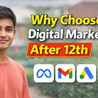 Young person in red shirt smiling. Text: "Why Choose Digital Marketing After 12th" with logos of meta, g-mail, google ads, google search console.