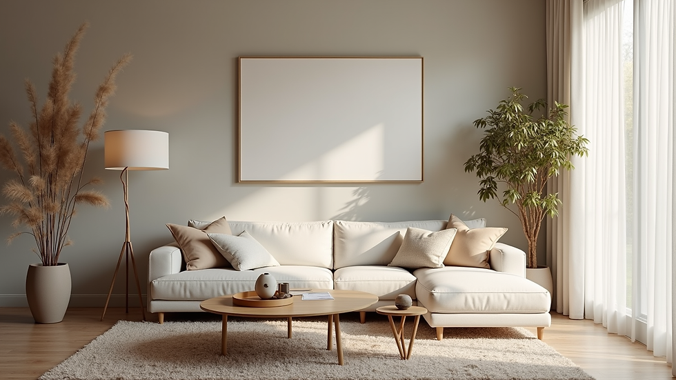 Eye-level view of a cozy living room with neutral tones and natural textures