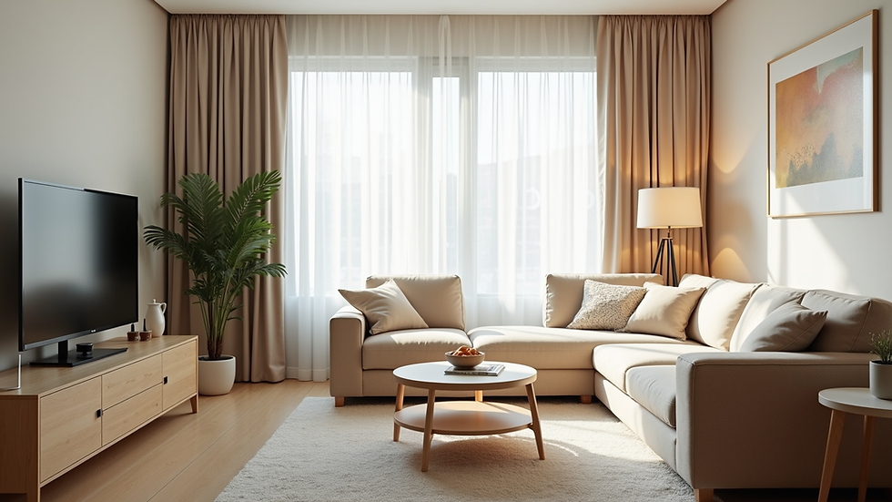 Eye-level view of a small living room with multi-functional furniture and light colors