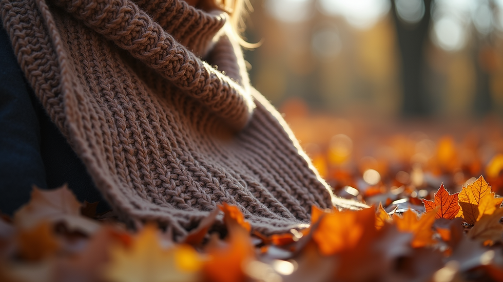 Eye-level view of a cozy knitted scarf with autumn leaf patterns