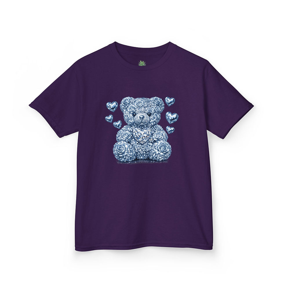 Thumbnail: Blue Floral Teddy Bear Youth Graphic Tee – Luxury Rose Heart Kids Shirt