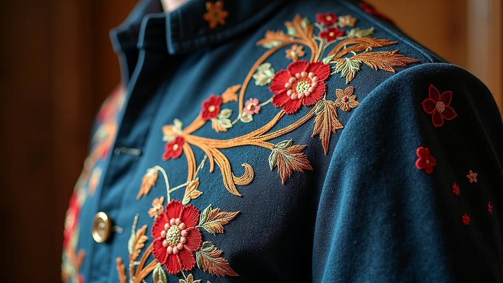 Close-up view of a custom embroidered jacket with intricate design