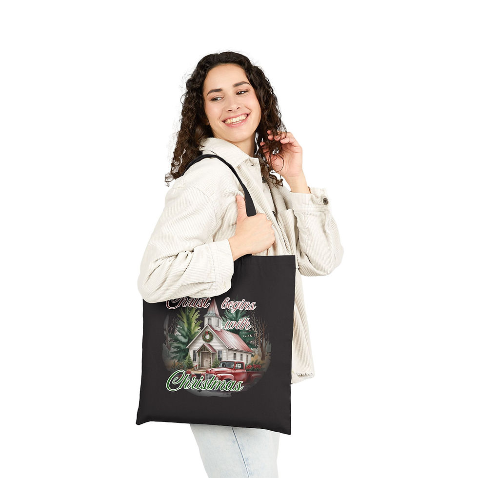 Thumbnail: “Christ Begins With Christmas” Church Scene Tote Bag – Christian Holiday Gift