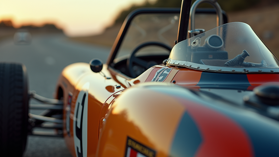 Close-up view of a vintage race car graphic tee with bold colors and detailed design