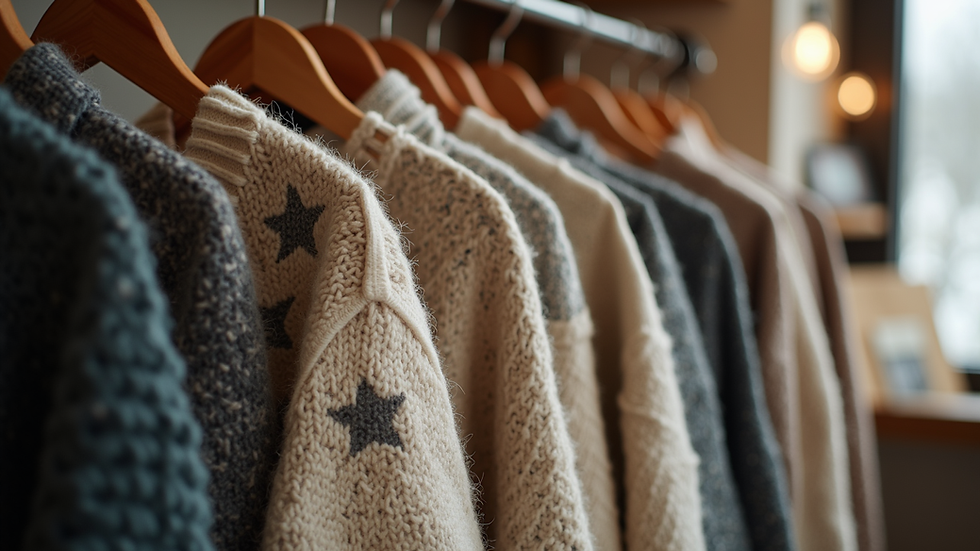 Eye-level view of a cozy sweater with a star pattern hanging on a wooden rack