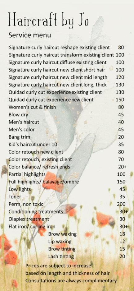 haircraft by Jo service menu + prices No