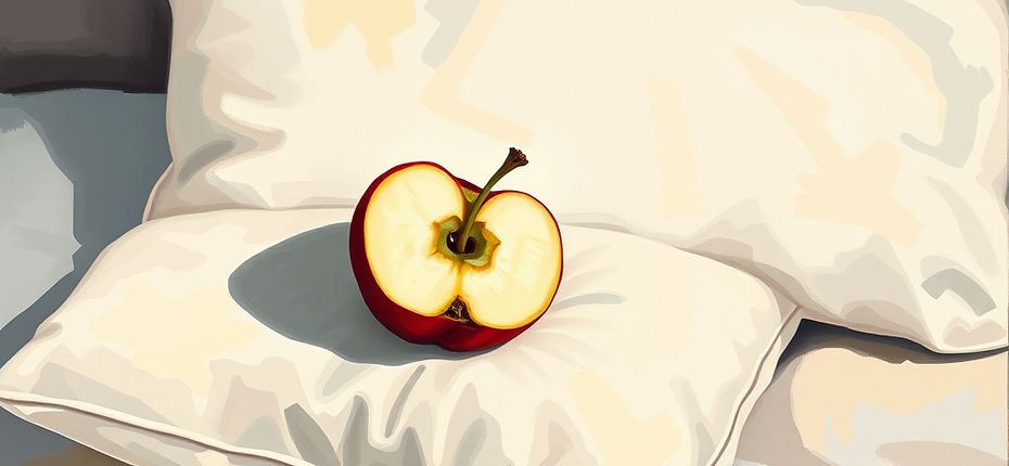 Half eaten apple on bed pillow, gouache, minimal, colourful.jpg
