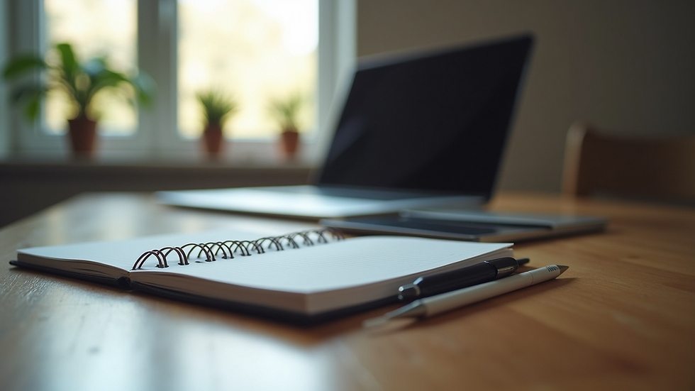 Eye-level view of a modern workspace with a laptop and notebook on a wooden desk