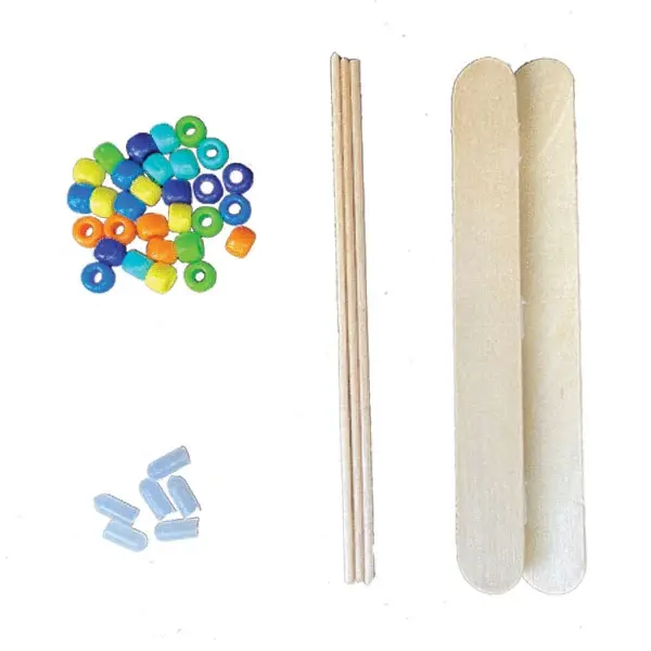 Thumbnail: Unassembled abacus kit parts including wooden frame, rods, and colorful beads laid out for building.