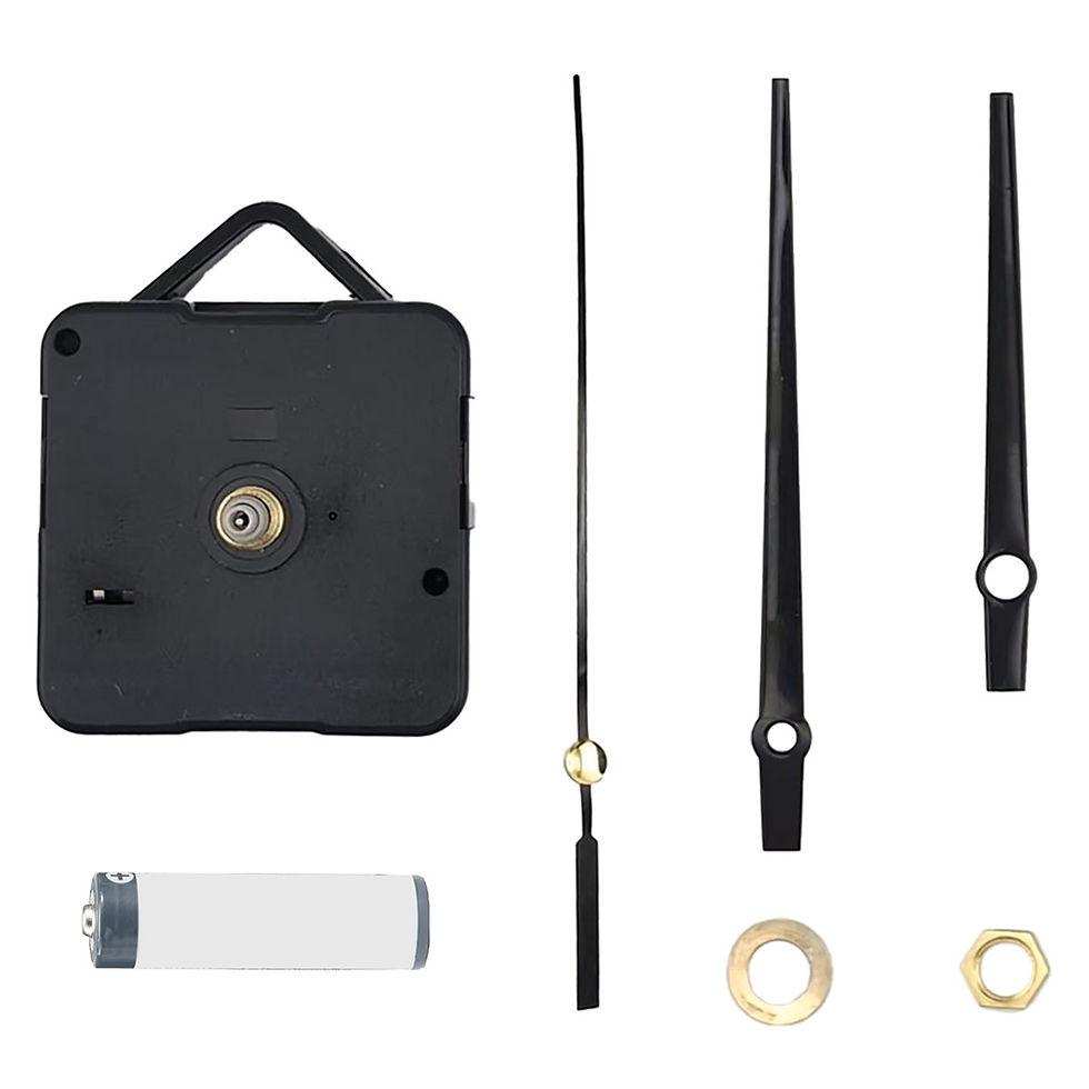 Clock mechanism and components included in the Mondrian Clock kit, including quartz movement, clock hands, mounting hardware,