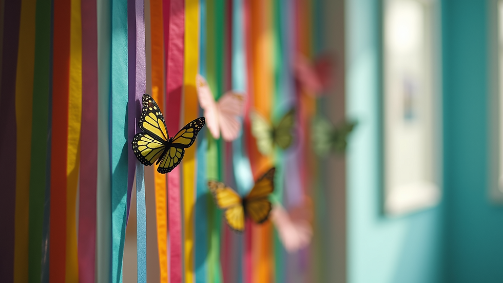 Close-up view of a door decorated with rainbow-colored ribbons and butterflies