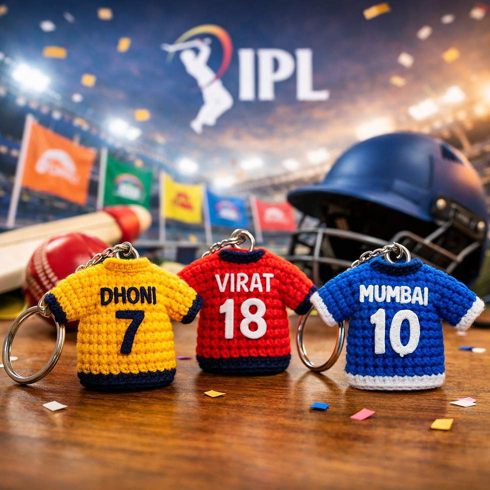 Keychains shaped like cricket jerseys with "DHONI 7," "VIRAT 18," and "MUMBAI 10" on a table. Background: IPL logo, cricket gear, and stadium.