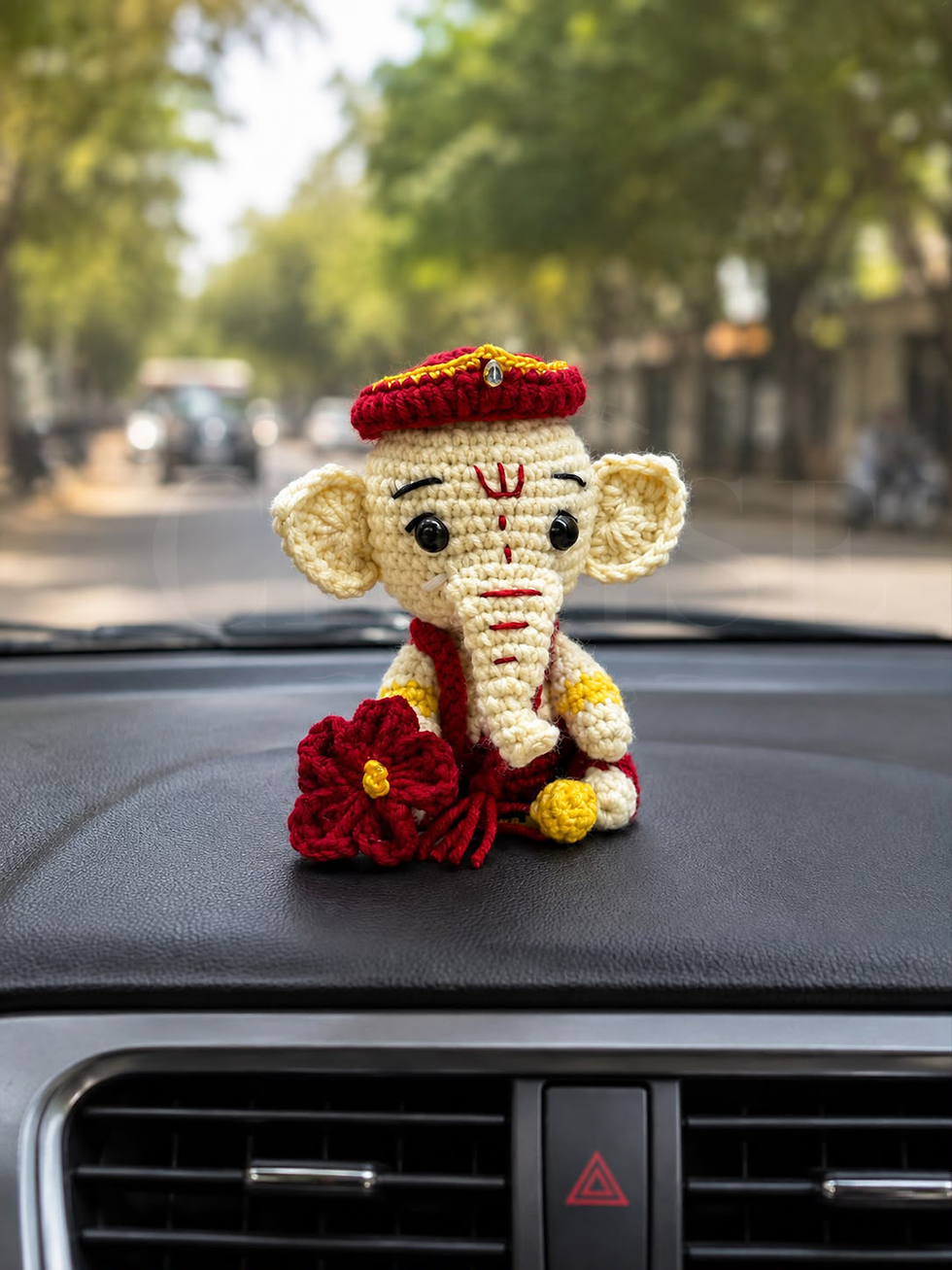 Handmade Crochet Ganesh Ji Idol | Car Dashboard, Office Desk & Gift Decor