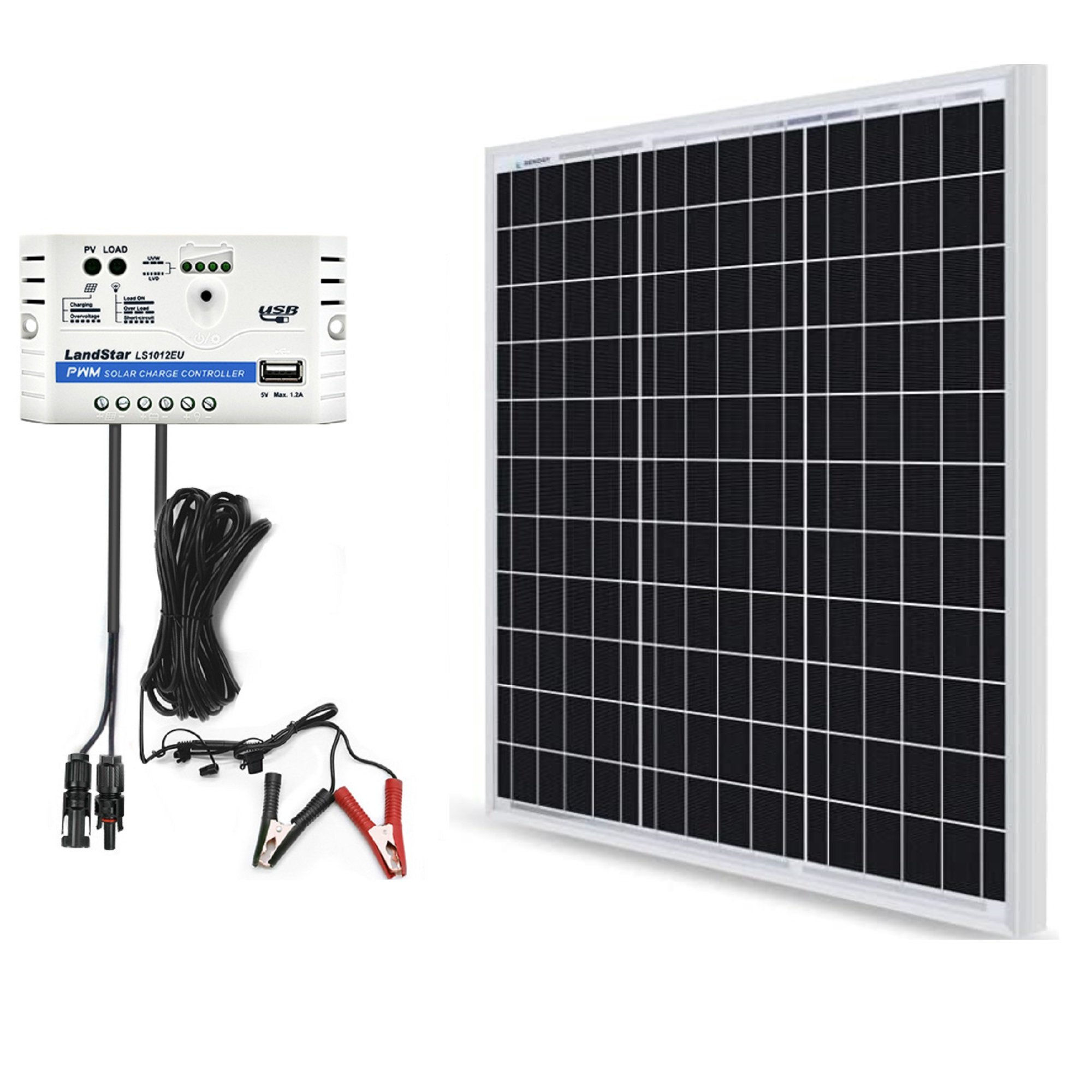 ACOPOWER 50W 12V Solar Charger Kit, 10A Charge Controller With Alligator Clips