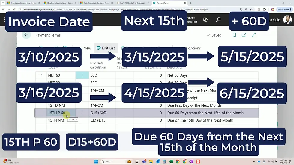 15th P 60, D15+60D Date Formula in Microsoft Dynamics 365 Business Central