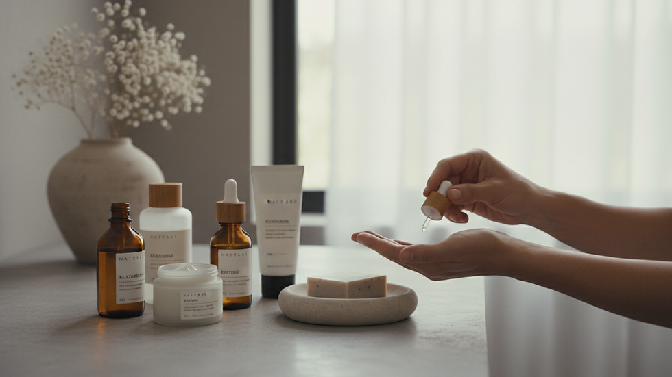 Eye-level view of a calm, minimalist bathroom with natural skincare products