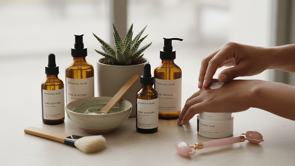 Close-up view of a skincare routine setup with natural products and a small plant