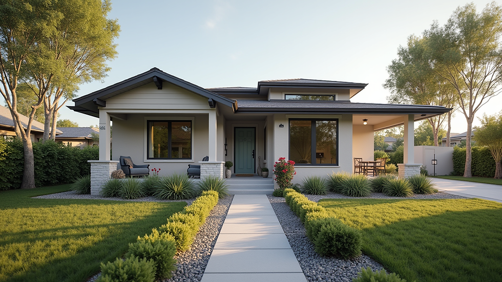 Eye-level view of a modern manufactured home exterior with a landscaped yard
