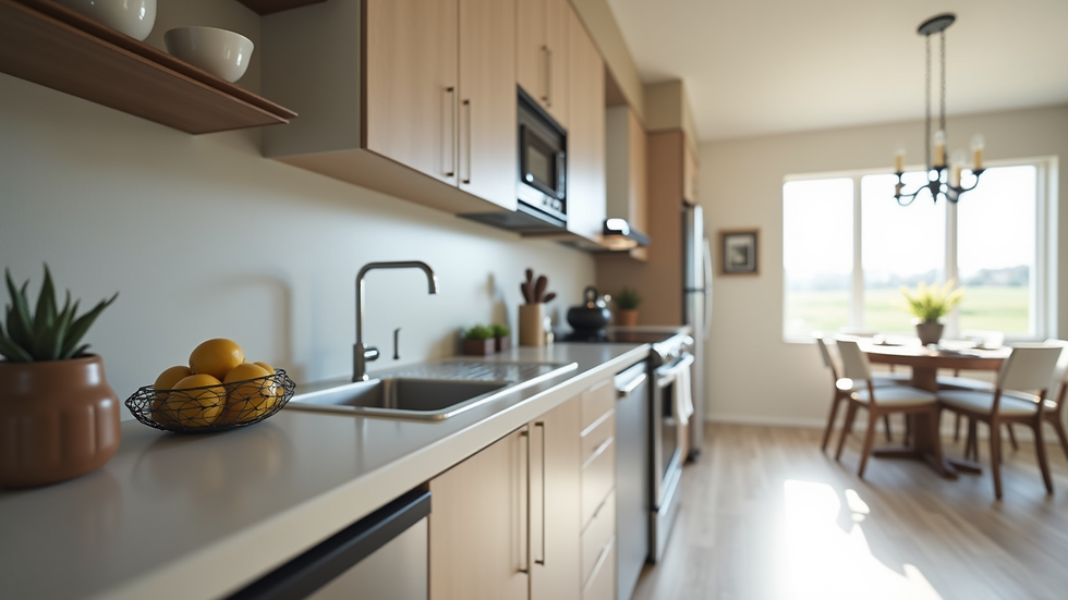 Close-up view of interior kitchen cabinetry and countertops in a customized manufactured home