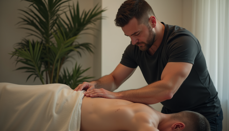 Vista de ângulo médio de um massoterapeuta masculino aplicando massagem desportiva em Lisboa