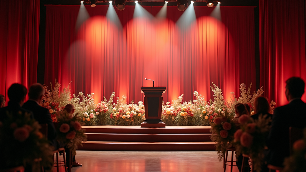 Eye-level view of a community award ceremony stage with a podium and floral decorations