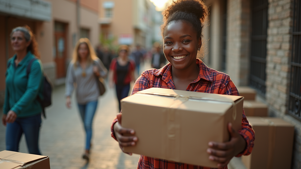 High angle view of volunteers distributing food packages at a community center