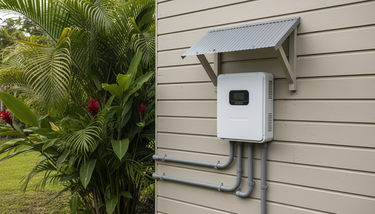 Eye-level view of a solar inverter mounted under a protected outdoor shelter beside a rural home.