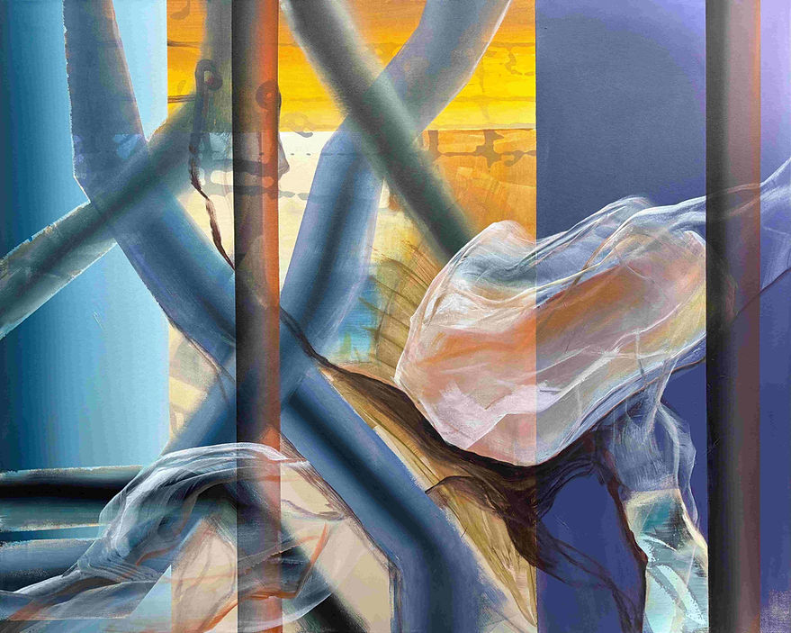 Abstraktes Gemälde mit blauen Röhren und Lichtakzenten.