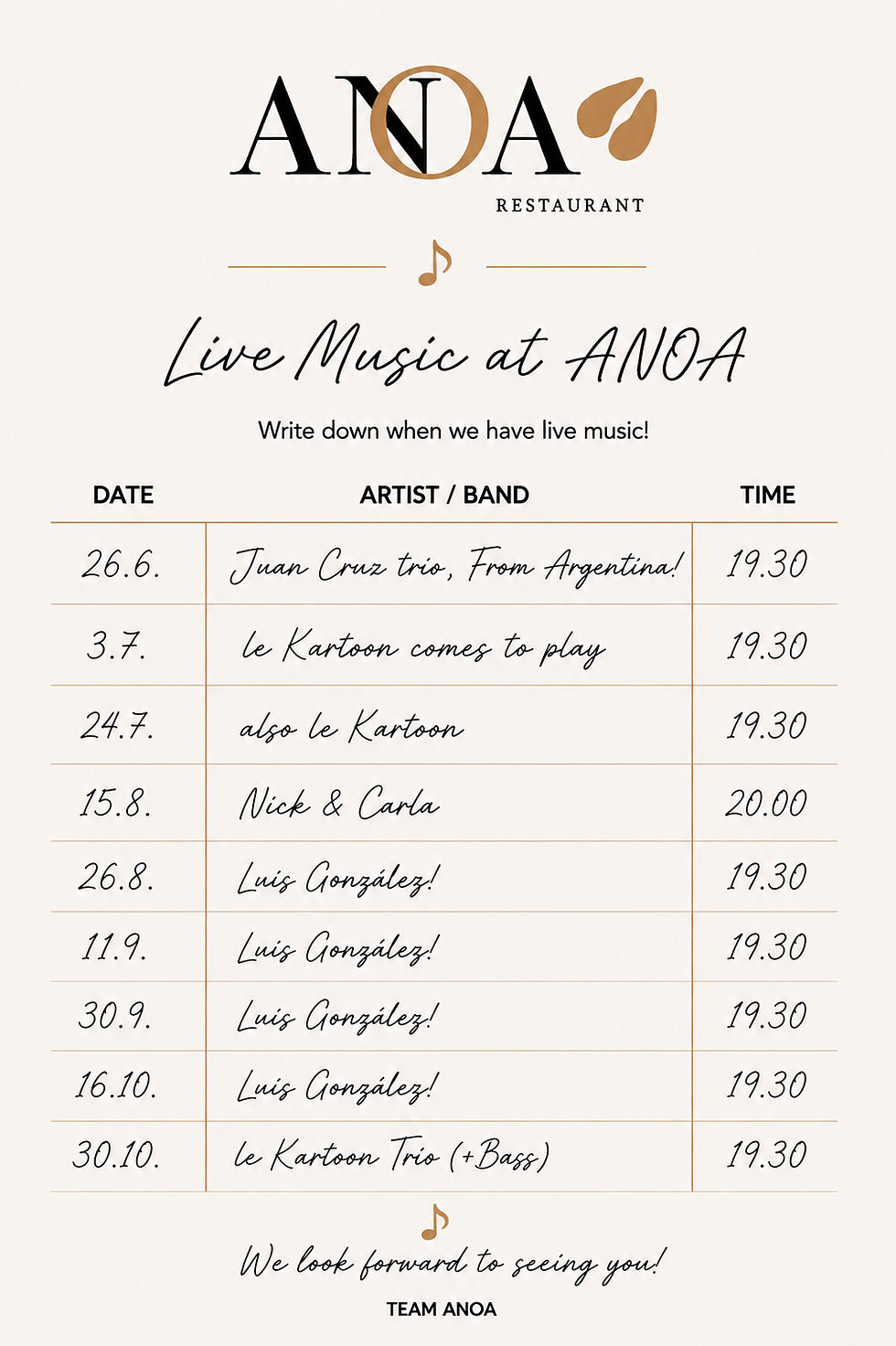 Live music in Anoa 2026