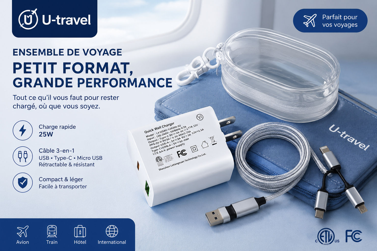 Ensemble de Voyage U-travel – Chargeur Rapide 25W et Câble Multifonction 3-en-1