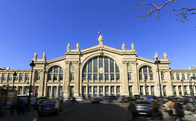 Facade of train station Gare du Nord in Paris, France
