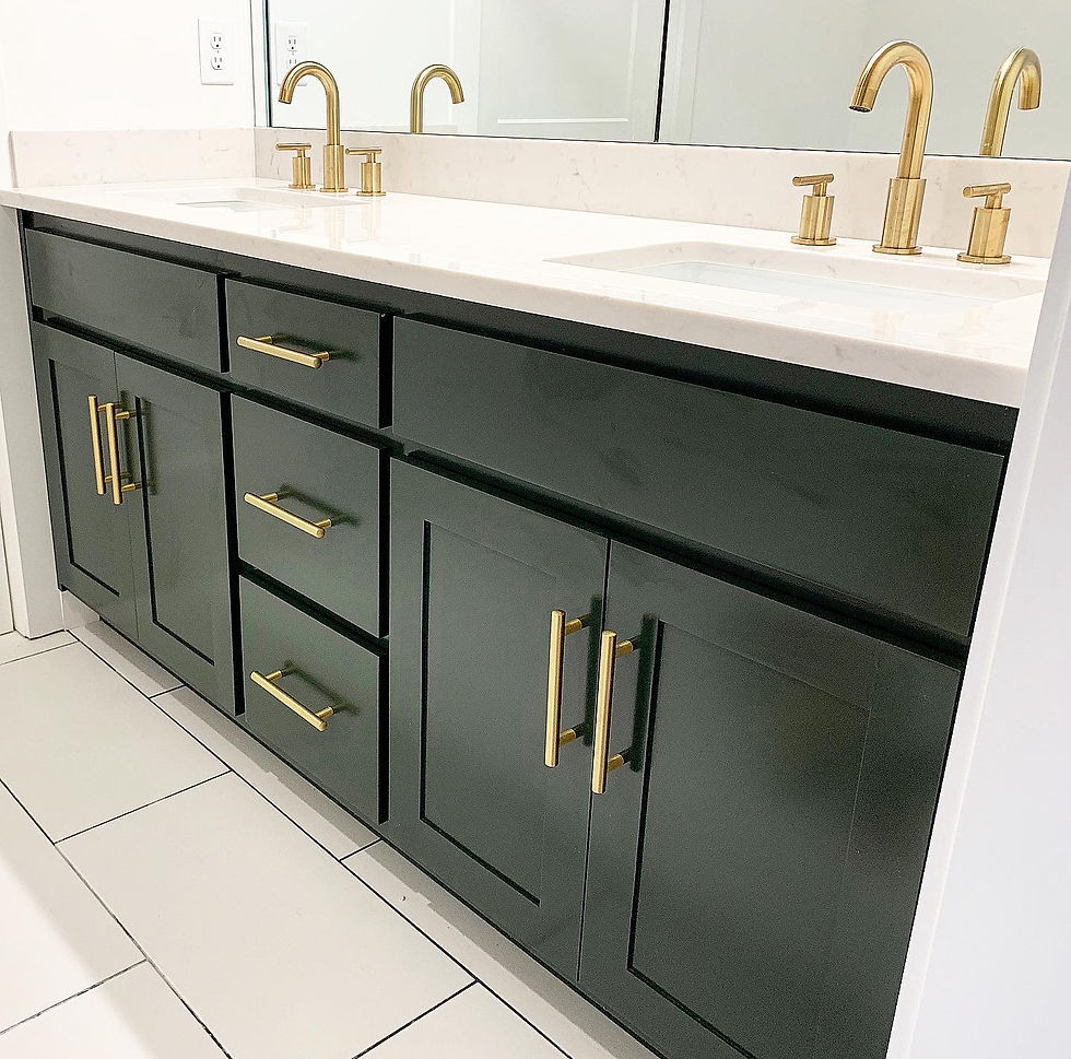 Modern black bathroom vanity with gold brass handles and double sink, handcrafted by Hartsville Cabinet & Millwork.