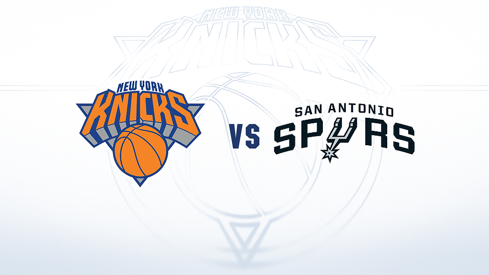 New York Knicks vs San Antonio Spurs logos on a white background, with a large faded basketball graphic.