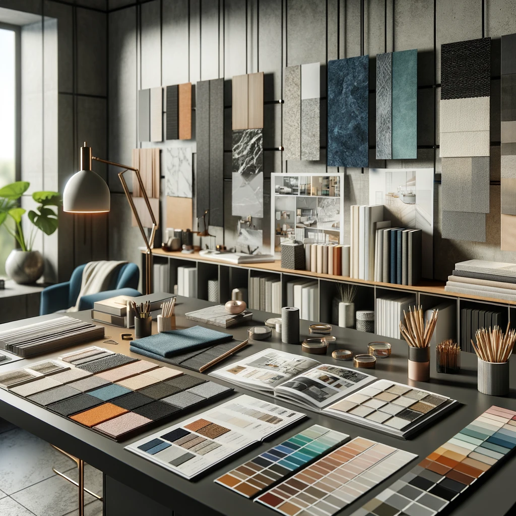 A very professional design office studio of an interior designer with lots of well chosen materials and textures
