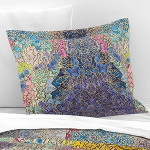 Front view of Kaleidoscape Watercolor Art Pillow Sham showcasing symmetrical artistic print Flanged and on bed