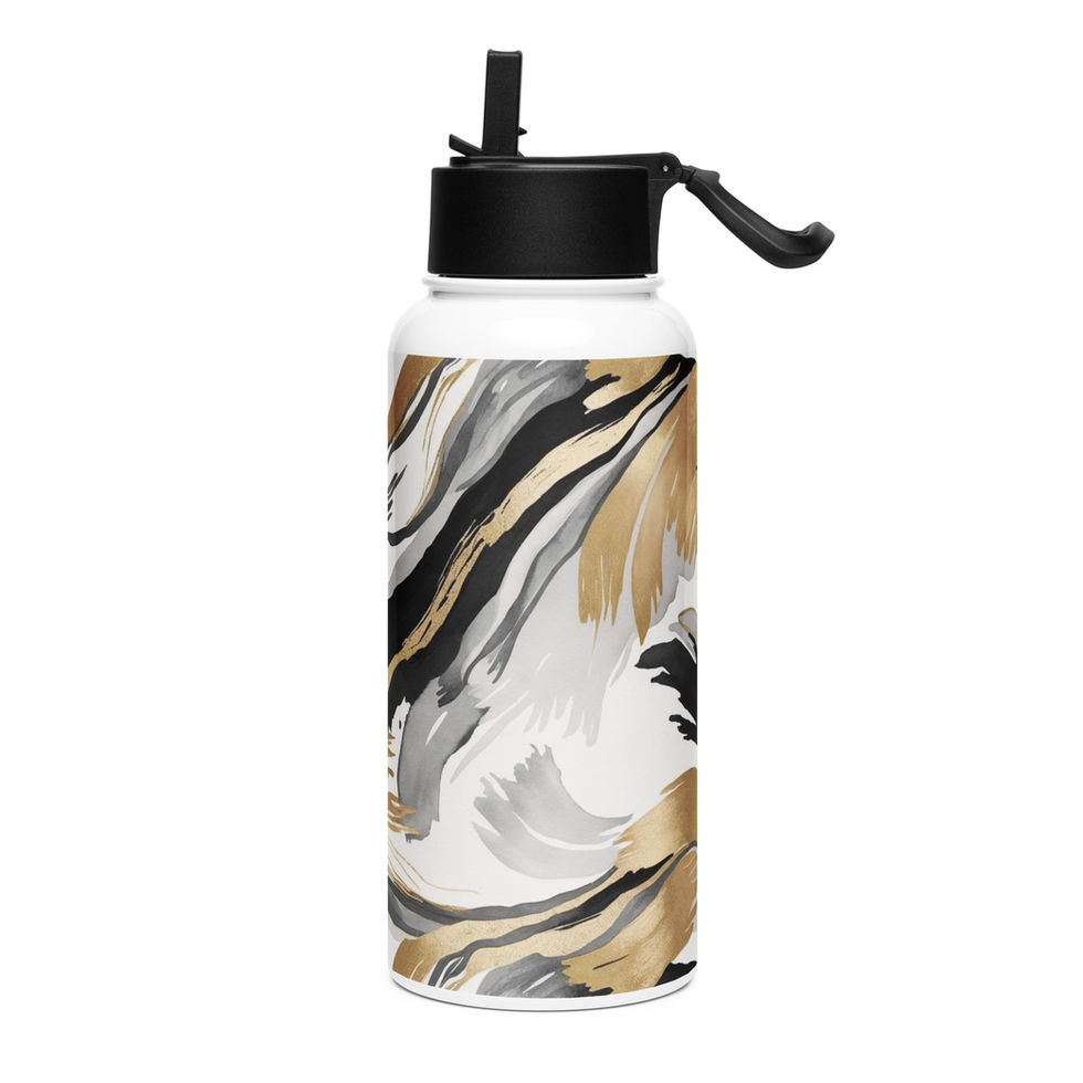 Golden Tempest stainless steel water bottle front view featuring abstract black, gold, and beige design.