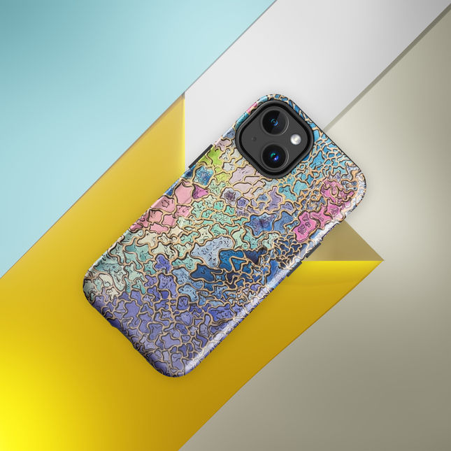 Kaleidoscape phone case with floral and pastel hues on white background