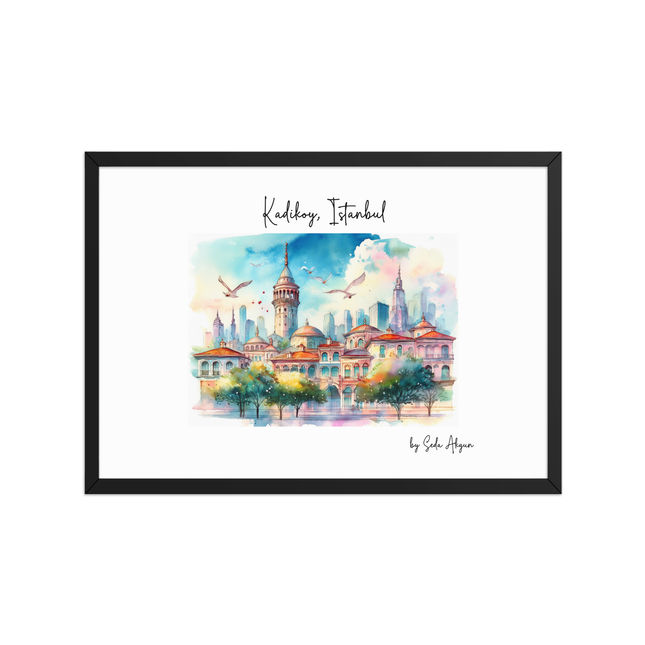 Kadikoy Istanbul watercolor skyline art framed and displayed on marble background.