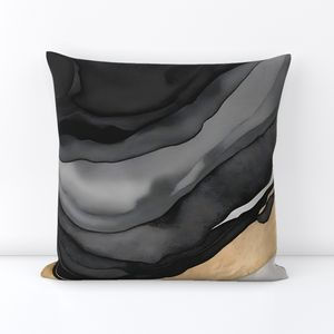 Black, gold, and gray abstract watercolor throw pillow by Seda Akgun – luxury home decor