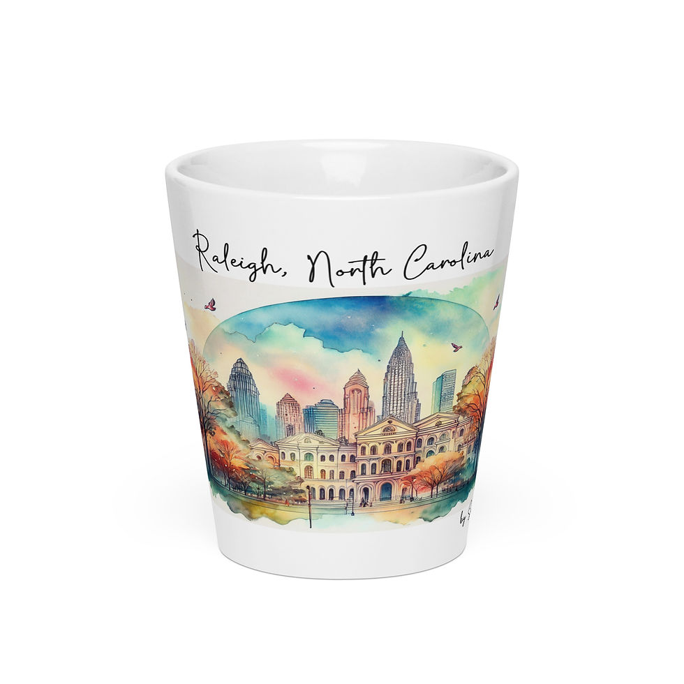 Raleigh NC watercolor skyline latte mug by Seda Akgun – front view on white background
