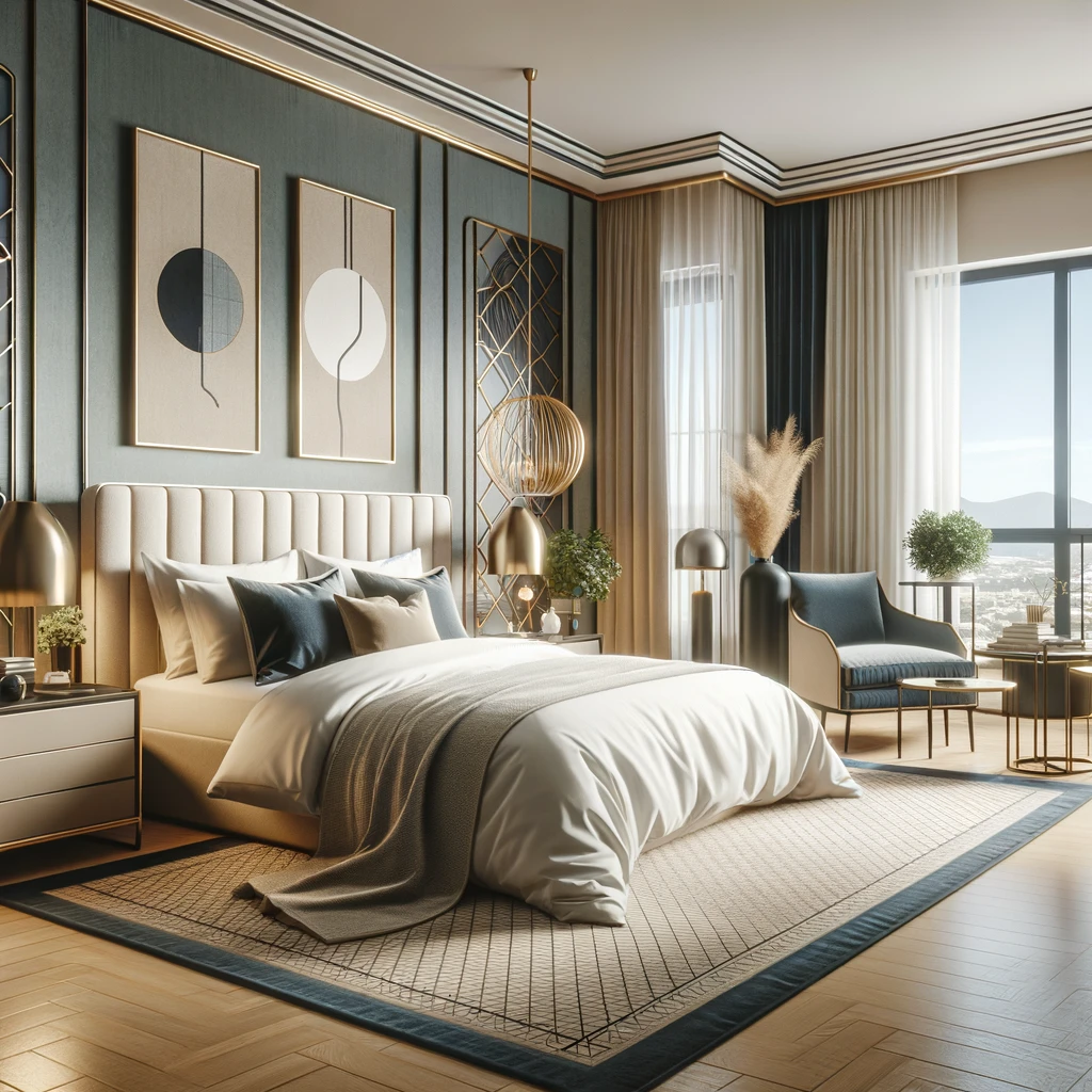 Stylish and elegant bedroom with a modern design, featuring a cozy bed with a plush headboard, sleek nightstands, and comfortable armchair.