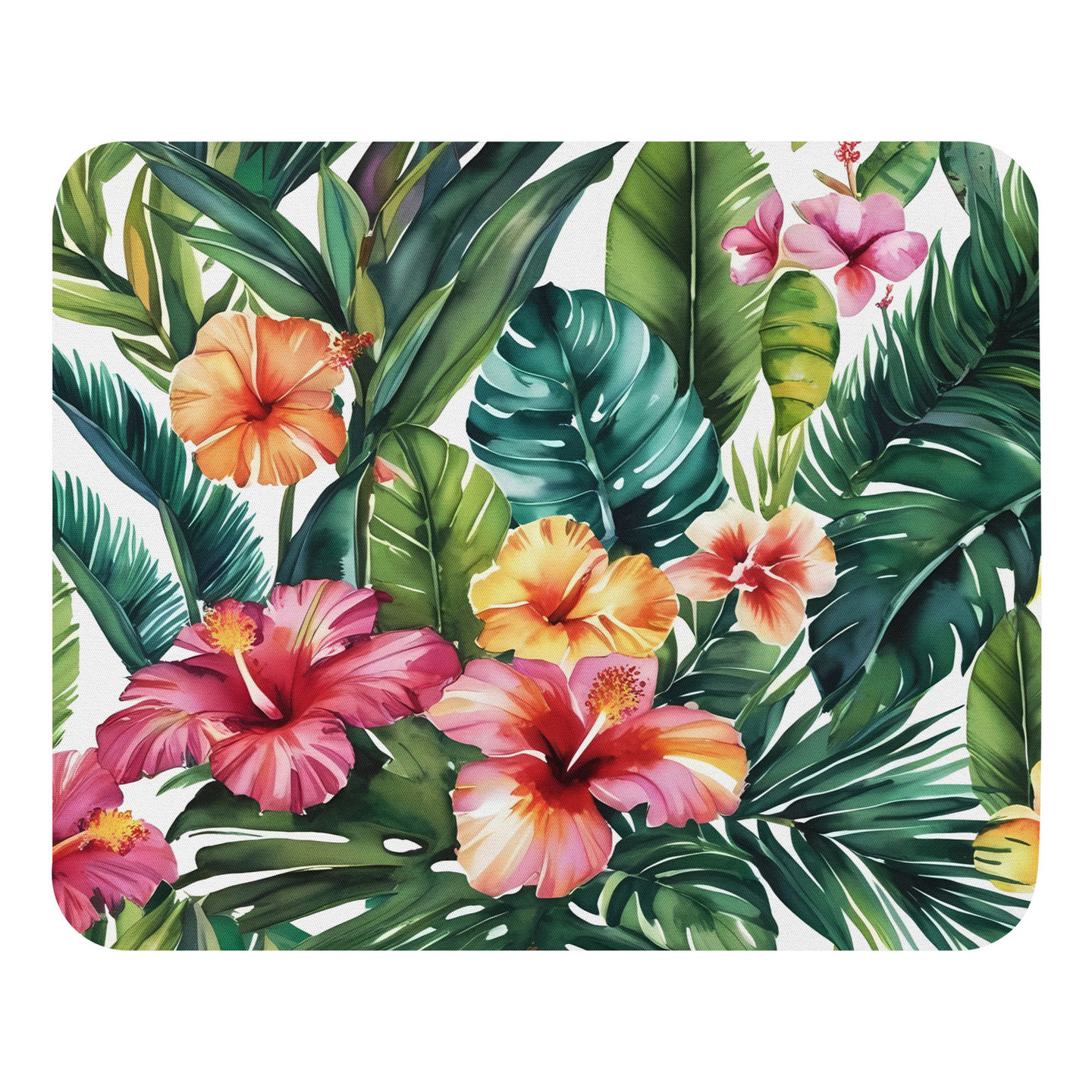 Top-down view of Tropical Bloom Symphony mouse pad featuring vibrant hibiscus and jungle foliage pattern.